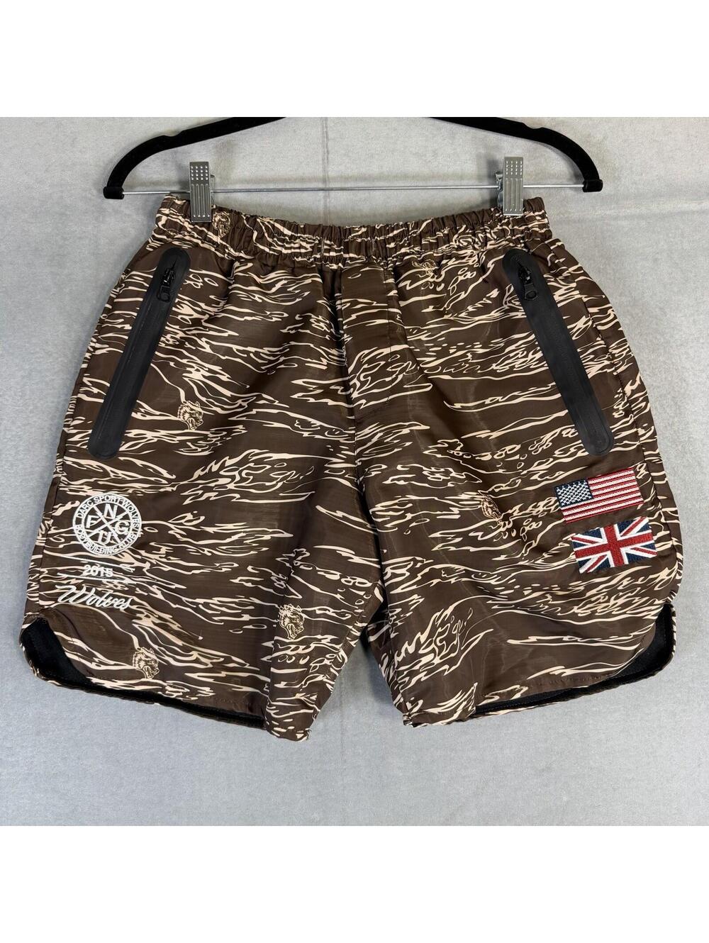 Darc Sport Wolves Shorts Mens Small Brown Camo 7" Mesh Lined Britain USA Flag